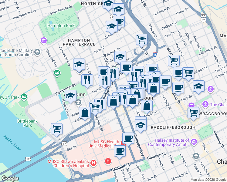 map of restaurants, bars, coffee shops, grocery stores, and more near 4 Catfiddle Street in Charleston