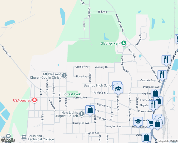 map of restaurants, bars, coffee shops, grocery stores, and more near 1001 Tulip Avenue in Bastrop