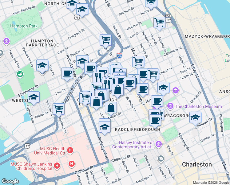 map of restaurants, bars, coffee shops, grocery stores, and more near 65 Spring Street in Charleston