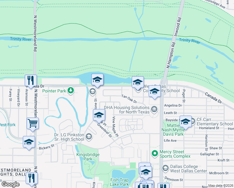 map of restaurants, bars, coffee shops, grocery stores, and more near 2521 Tan Oak Drive in Dallas