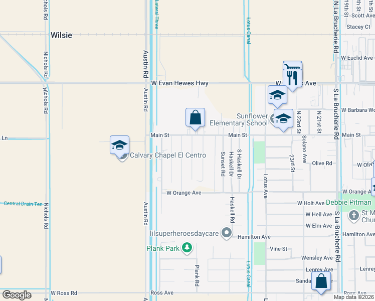 map of restaurants, bars, coffee shops, grocery stores, and more near 203 Santa Rosa Road in El Centro