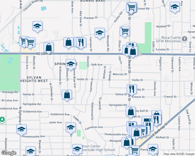 map of restaurants, bars, coffee shops, grocery stores, and more near 3475 Hollis Street in Fort Worth