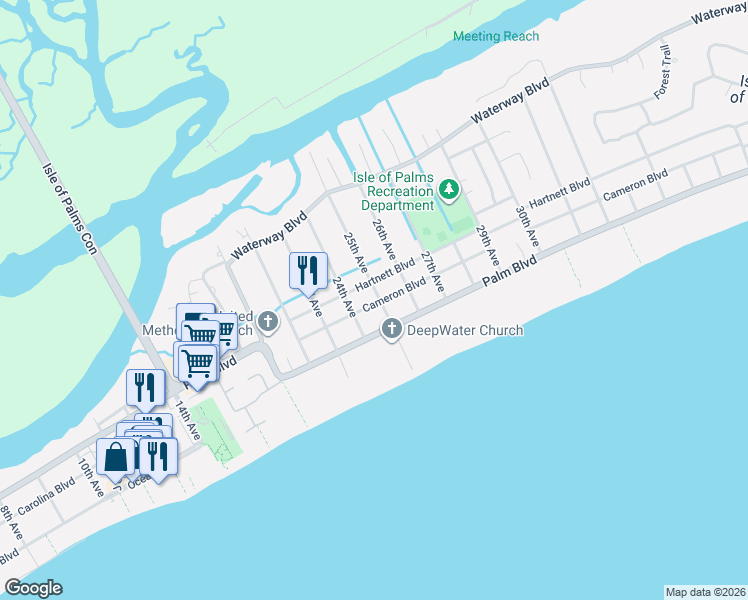 map of restaurants, bars, coffee shops, grocery stores, and more near 5 25th Avenue in Isle of Palms