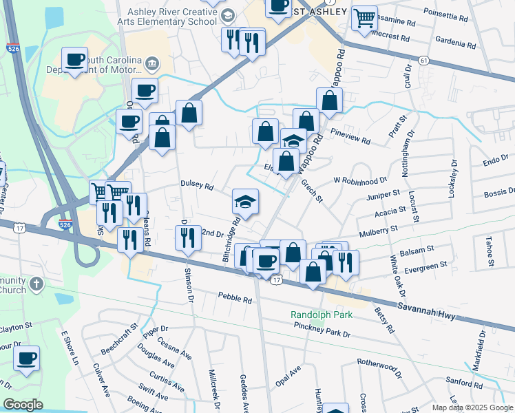 map of restaurants, bars, coffee shops, grocery stores, and more near 815 Wappoo Road in Charleston