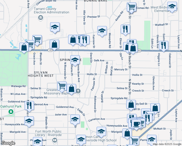 map of restaurants, bars, coffee shops, grocery stores, and more near 2202 David Drive in Fort Worth