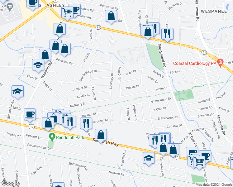 map of restaurants, bars, coffee shops, grocery stores, and more near 1 Rice Drive in Charleston