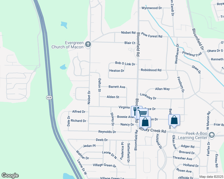 map of restaurants, bars, coffee shops, grocery stores, and more near 2838 Barrett Avenue in Macon