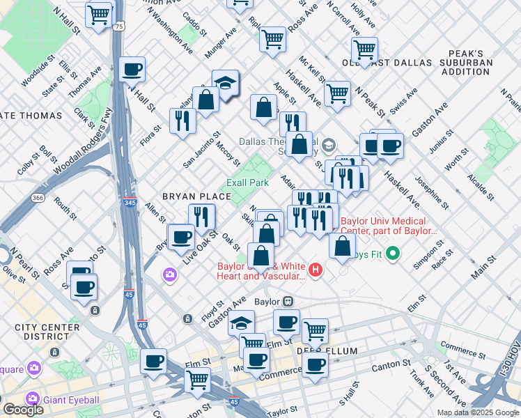 map of restaurants, bars, coffee shops, grocery stores, and more near 1200 Hall Street in Dallas