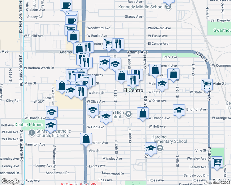 map of restaurants, bars, coffee shops, grocery stores, and more near West State Street & South 12th Street in El Centro