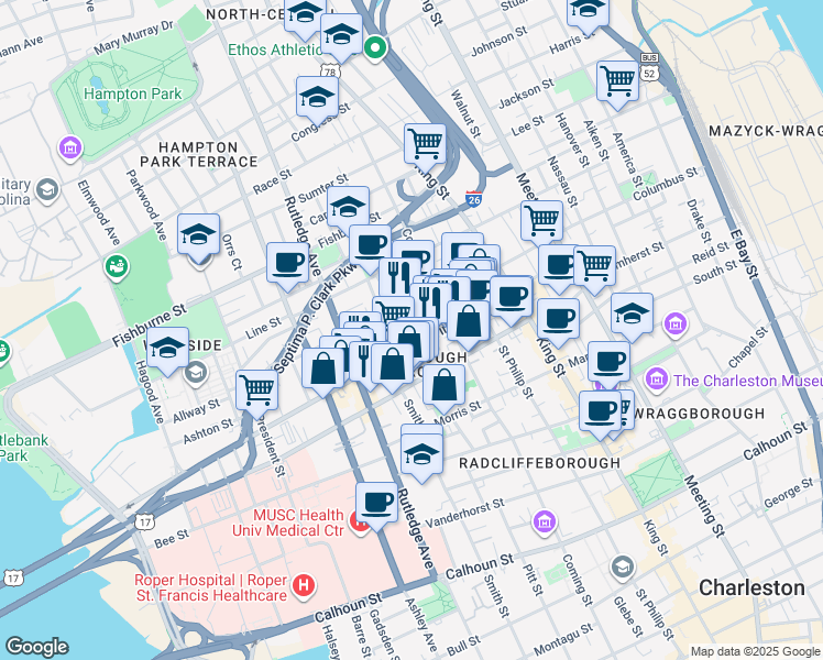 map of restaurants, bars, coffee shops, grocery stores, and more near 4 Ashe Street in Charleston