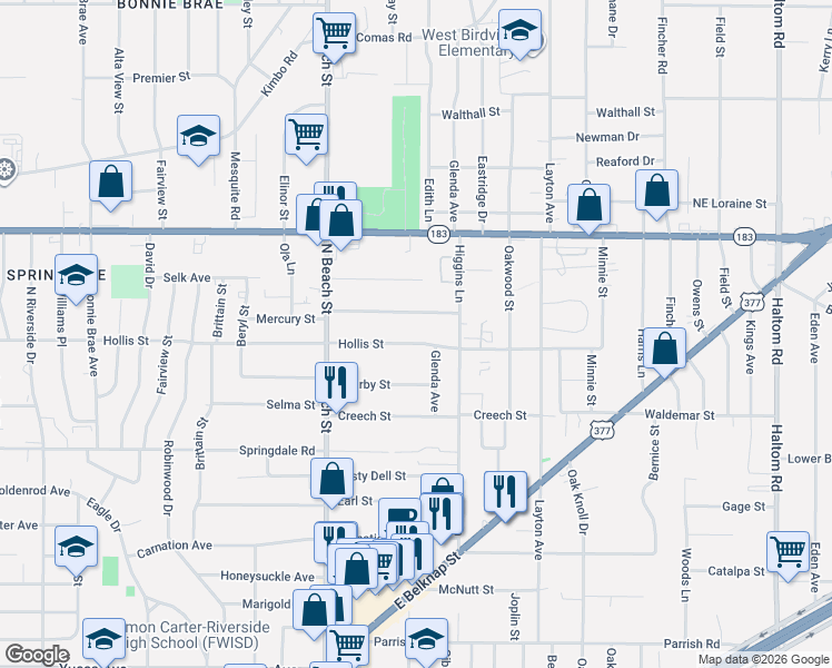 map of restaurants, bars, coffee shops, grocery stores, and more near 4021 Hollis Street in Haltom City