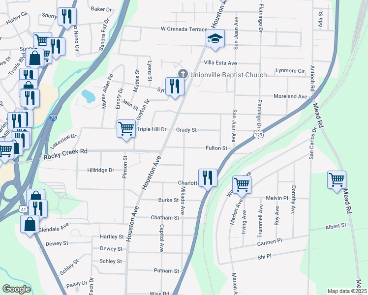 map of restaurants, bars, coffee shops, grocery stores, and more near 900 Fulton Street in Macon