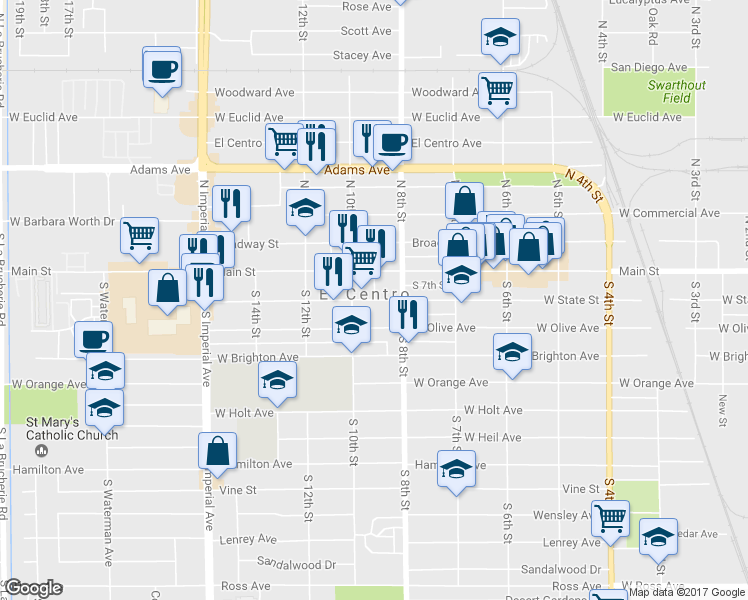 map of restaurants, bars, coffee shops, grocery stores, and more near 833 West State Street in El Centro