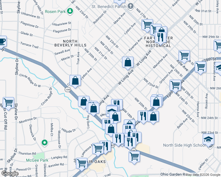 map of restaurants, bars, coffee shops, grocery stores, and more near 2701 Northwest 19th Street in Fort Worth