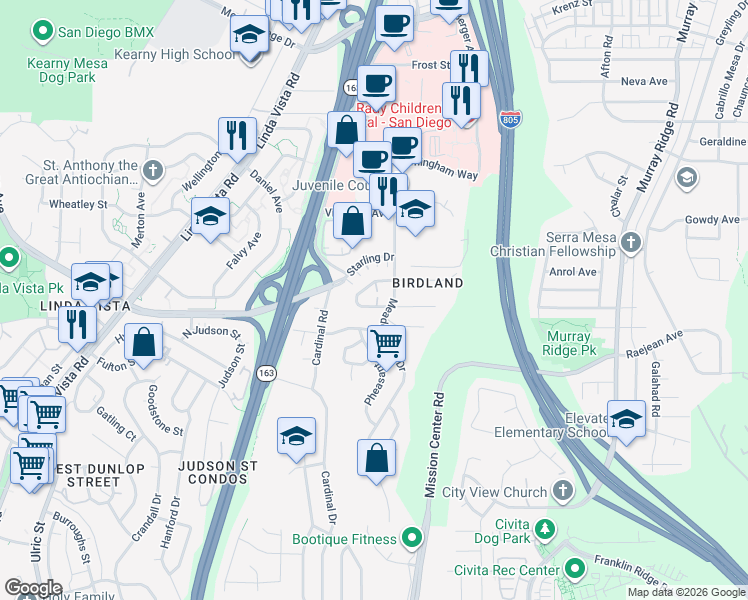 map of restaurants, bars, coffee shops, grocery stores, and more near 7836 Hummingbird Lane in San Diego