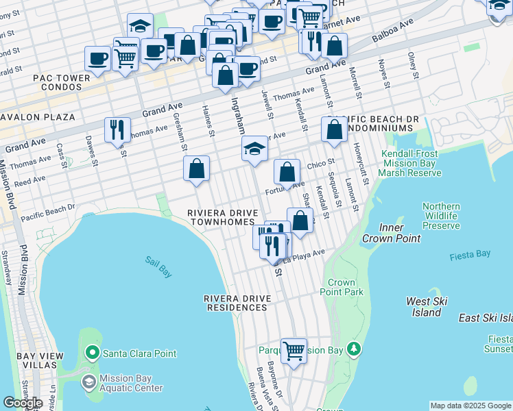 map of restaurants, bars, coffee shops, grocery stores, and more near 3940 Ingraham Street in San Diego
