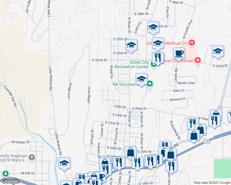 map of restaurants, bars, coffee shops, grocery stores, and more near 2614 North Juniper Avenue in Silver City