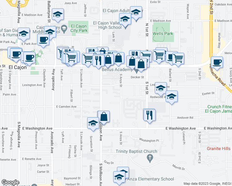 map of restaurants, bars, coffee shops, grocery stores, and more near 330 South Anza Street in El Cajon