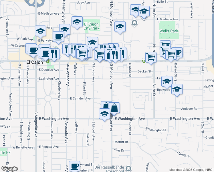 map of restaurants, bars, coffee shops, grocery stores, and more near 456 South Mollison Avenue in El Cajon