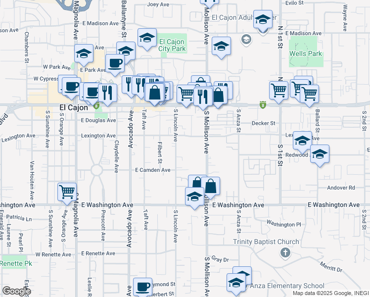 map of restaurants, bars, coffee shops, grocery stores, and more near 415 South Lincoln Avenue in El Cajon