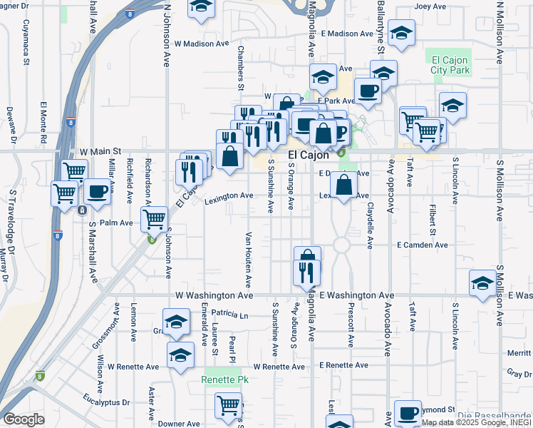 map of restaurants, bars, coffee shops, grocery stores, and more near 353 Palm Avenue in El Cajon