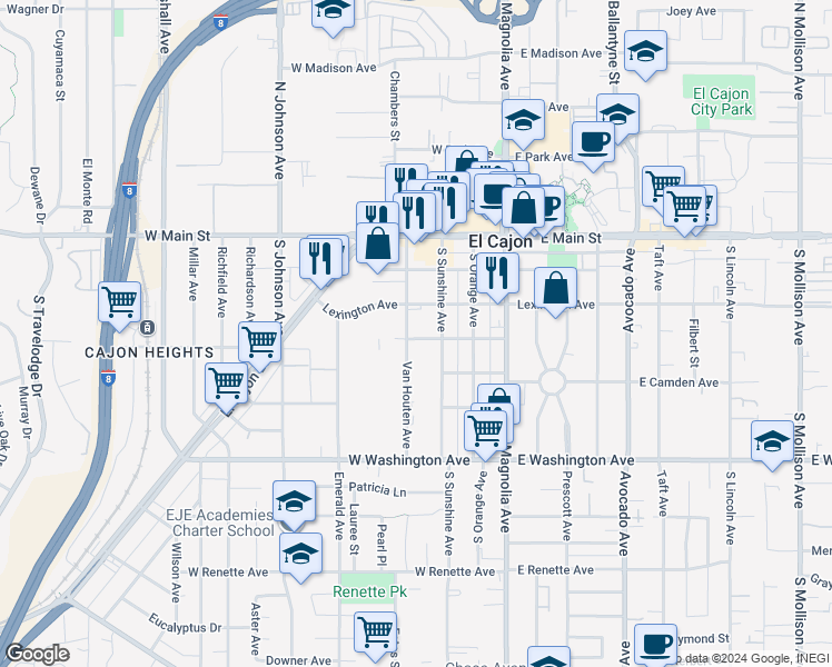 map of restaurants, bars, coffee shops, grocery stores, and more near 353 Palm Avenue in El Cajon