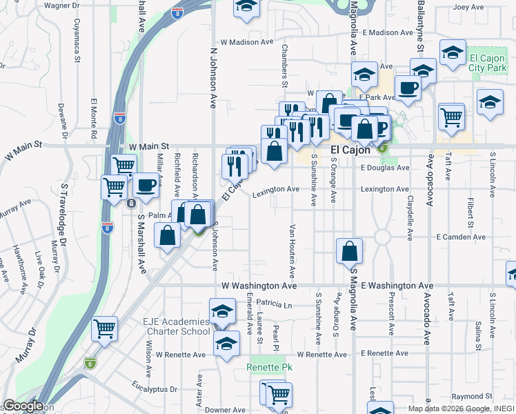 map of restaurants, bars, coffee shops, grocery stores, and more near 391 Emerald Avenue in El Cajon