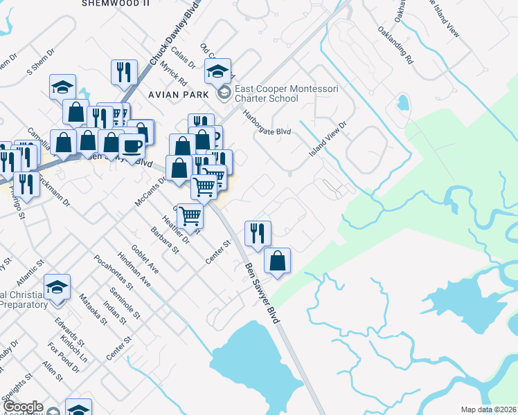 map of restaurants, bars, coffee shops, grocery stores, and more near 1462 North Point Lane in Mount Pleasant