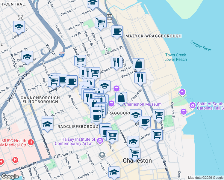 map of restaurants, bars, coffee shops, grocery stores, and more near 48 Elizabeth Street in Charleston