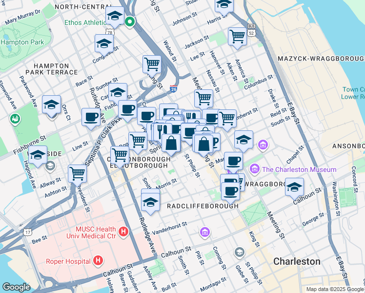 map of restaurants, bars, coffee shops, grocery stores, and more near 15 Brewster Court in Charleston