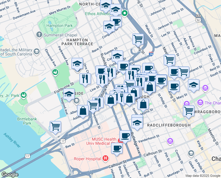 map of restaurants, bars, coffee shops, grocery stores, and more near in Charleston
