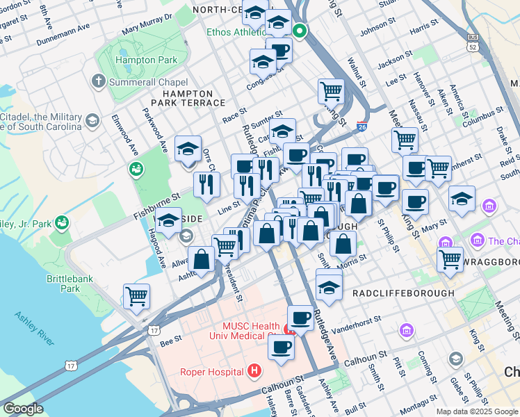 map of restaurants, bars, coffee shops, grocery stores, and more near in Charleston