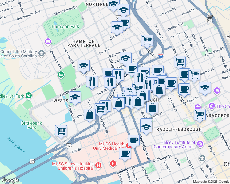 map of restaurants, bars, coffee shops, grocery stores, and more near in Charleston
