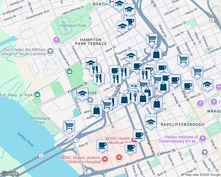 map of restaurants, bars, coffee shops, grocery stores, and more near 27 Kennedy Street in Charleston