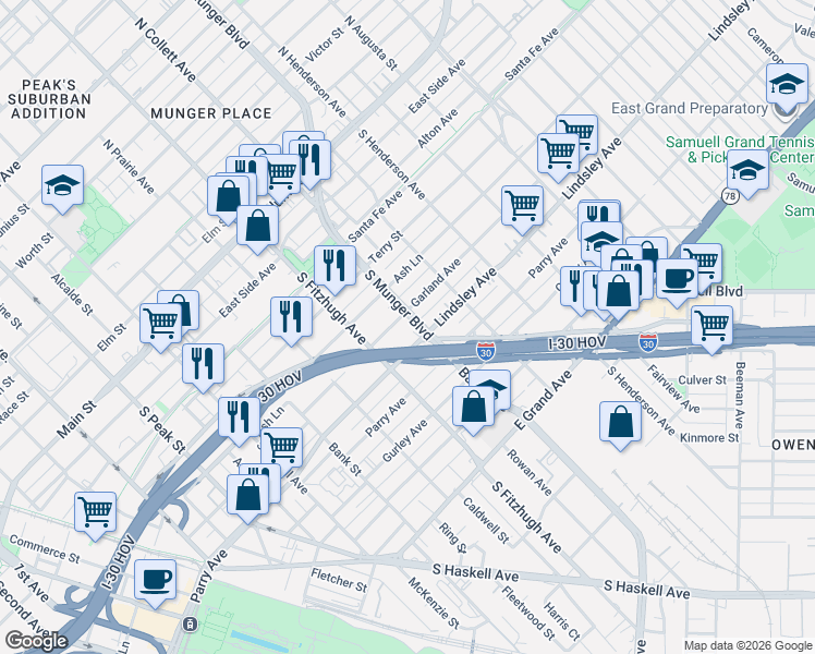 map of restaurants, bars, coffee shops, grocery stores, and more near 4937 Lindsley Avenue in Dallas