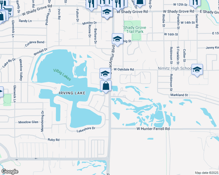 map of restaurants, bars, coffee shops, grocery stores, and more near 1101 Garden Isle Drive in Irving