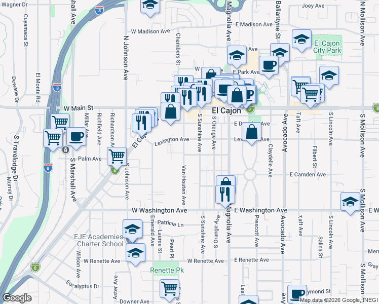 map of restaurants, bars, coffee shops, grocery stores, and more near 363 Van Houten Avenue in El Cajon