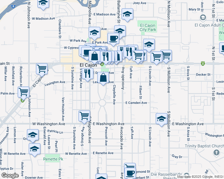 map of restaurants, bars, coffee shops, grocery stores, and more near 359 Prescott Avenue in El Cajon