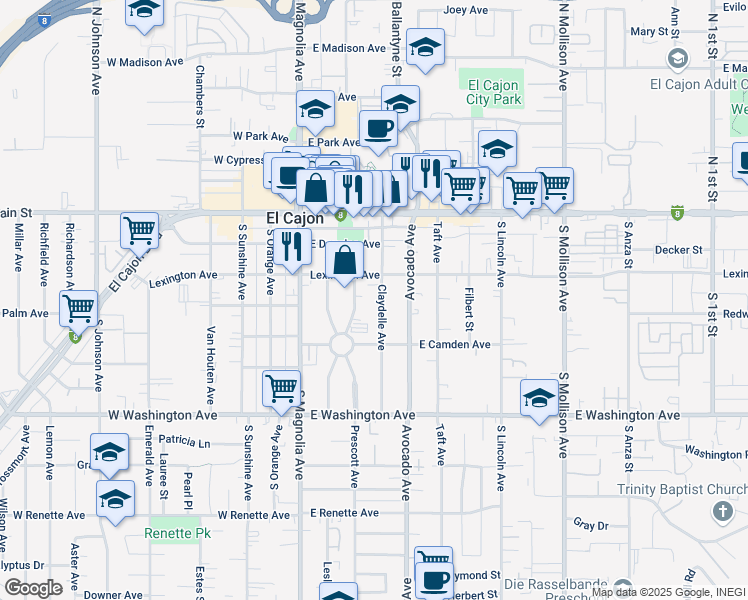 map of restaurants, bars, coffee shops, grocery stores, and more near 336 Claydelle Avenue in El Cajon