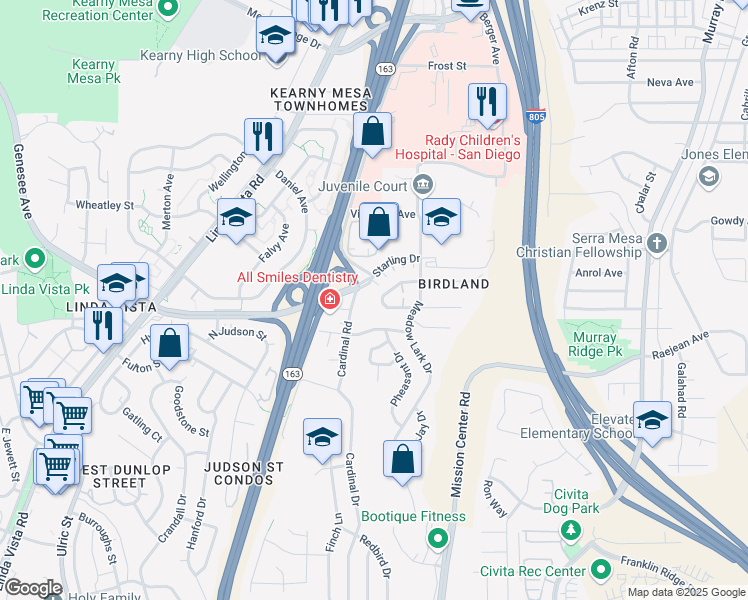 map of restaurants, bars, coffee shops, grocery stores, and more near 7855 Hummingbird Lane in San Diego
