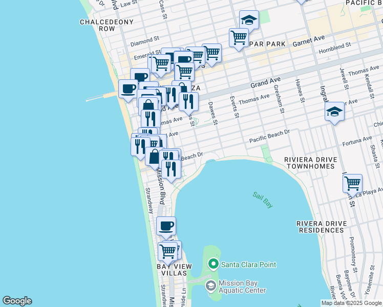 map of restaurants, bars, coffee shops, grocery stores, and more near 952 Pacific Beach Drive in San Diego