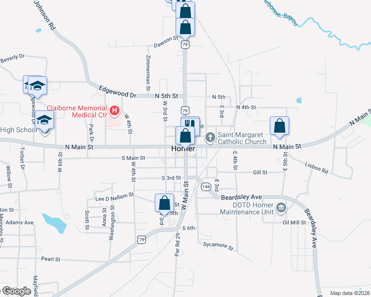 map of restaurants, bars, coffee shops, grocery stores, and more near U.S. 79 in Homer