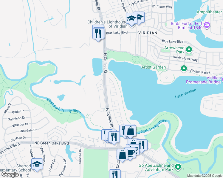 map of restaurants, bars, coffee shops, grocery stores, and more near 3020 North Collins Street in Arlington