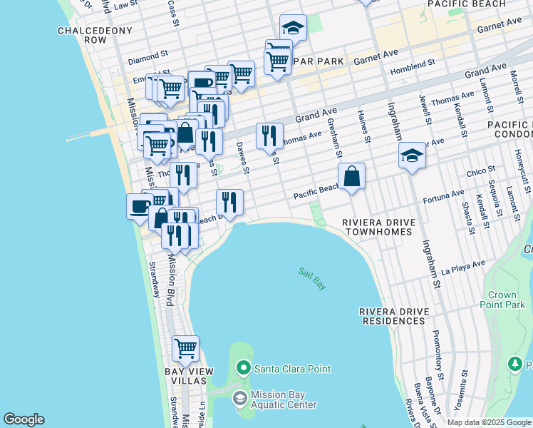 map of restaurants, bars, coffee shops, grocery stores, and more near 1111 Pacific Beach Drive in San Diego