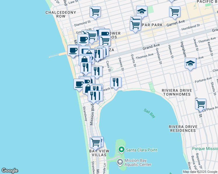 map of restaurants, bars, coffee shops, grocery stores, and more near 952 Pacific Beach Drive in San Diego