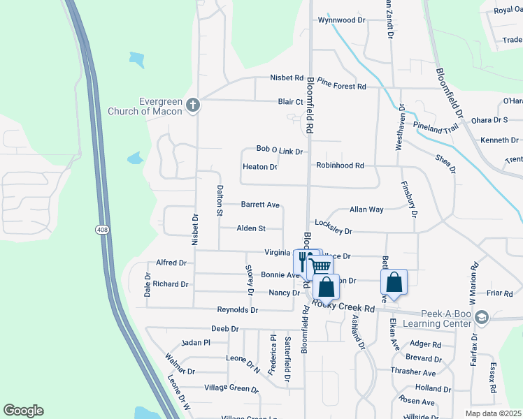map of restaurants, bars, coffee shops, grocery stores, and more near 2838 Barrett Avenue in Macon