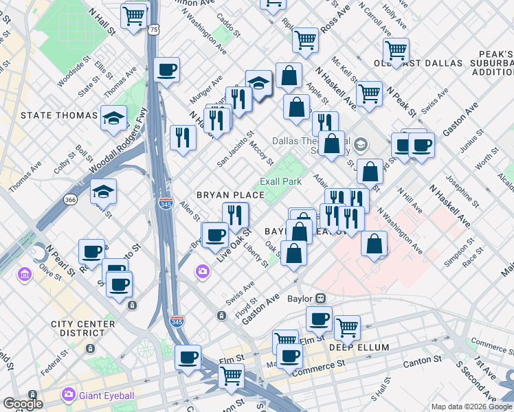 map of restaurants, bars, coffee shops, grocery stores, and more near 3110 Live Oak Street in Dallas