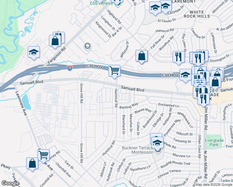 map of restaurants, bars, coffee shops, grocery stores, and more near 7526 Hunnicut Road in Dallas