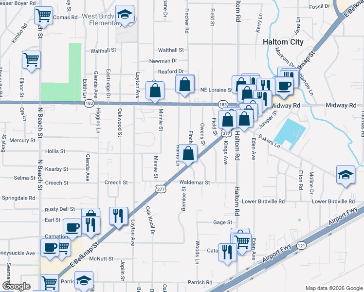 map of restaurants, bars, coffee shops, grocery stores, and more near 2202 Harris Lane in Fort Worth