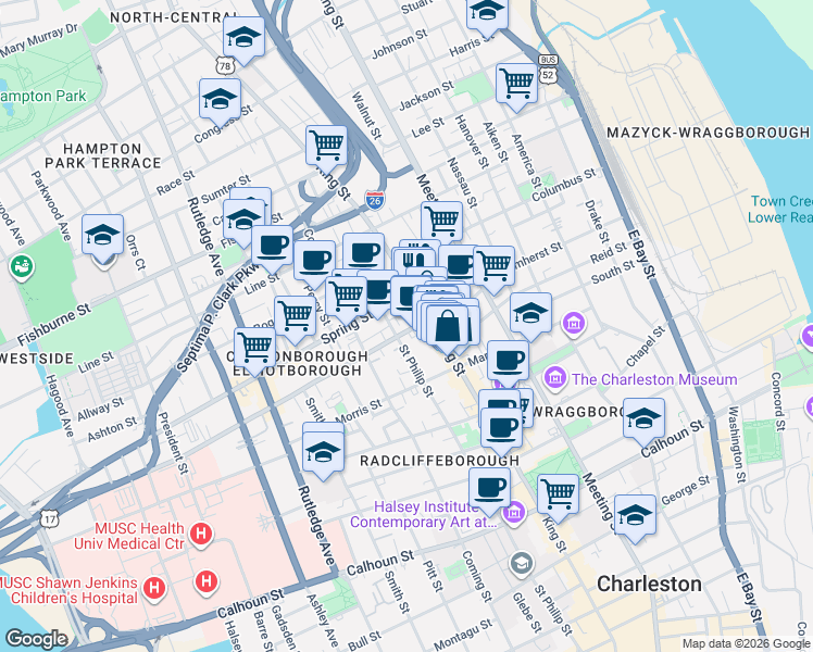 map of restaurants, bars, coffee shops, grocery stores, and more near 12 Cannon Street in Charleston